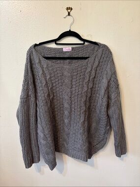 Pink Lily Gray Cable Knit Scoop Neck Sweater